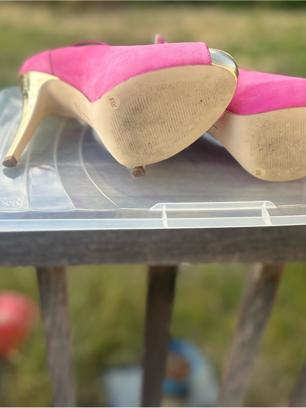 INC International Concepts Hot Pink Peep-Toe Stiletto Heels with Gold Toe - Picture 3 of 3